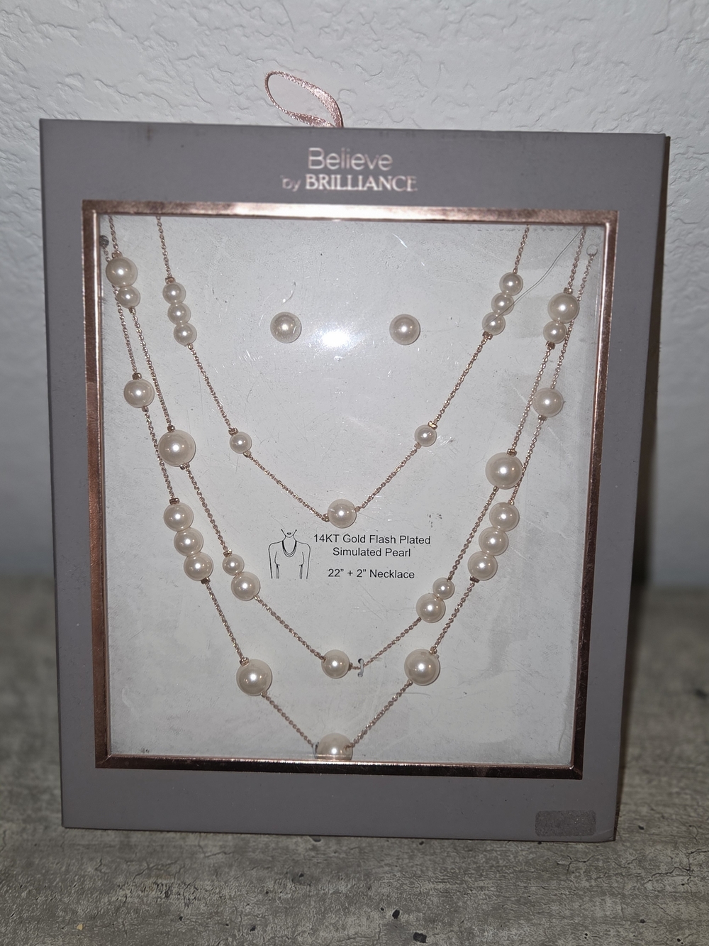 Believe by Brilliance Rose Gold Pearl Layered Necklace & Studs